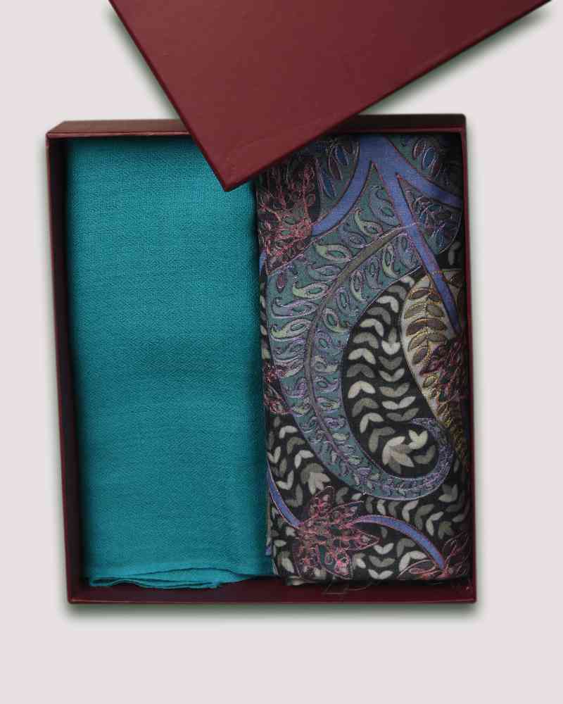 Green Fine Wool Kalamkari Embroidery Shawl & Turquoise Fine Wool Diamond Weave Muffler Combo